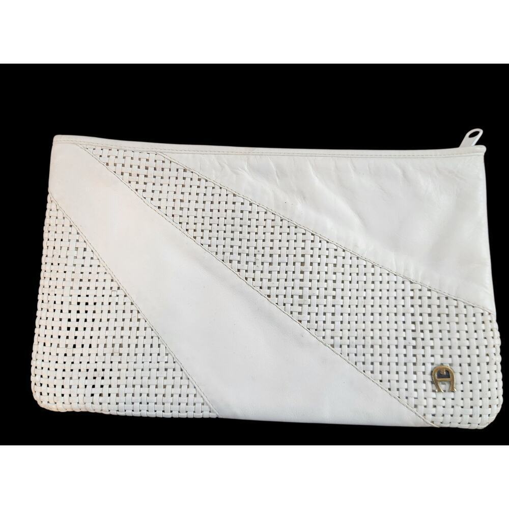 Etienne Aigner vintage‎ clutch bag purse white woven & smooth leather zip